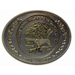 American Hunting Club Life Member Eagle Rifle Oval Belt Buckle Silver Gold Tone